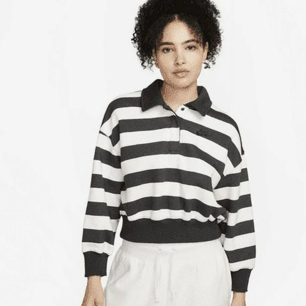 Nike Sportswear Phoenix Fleece Oversized 3/4-Sleeve Striped Rugby Crop Polo